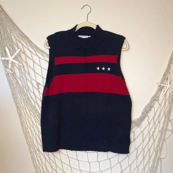 Vintage NORTON Studio Knit Cotton Sleeveless Sweater Red White & Blue XL - Picture 1 of 9